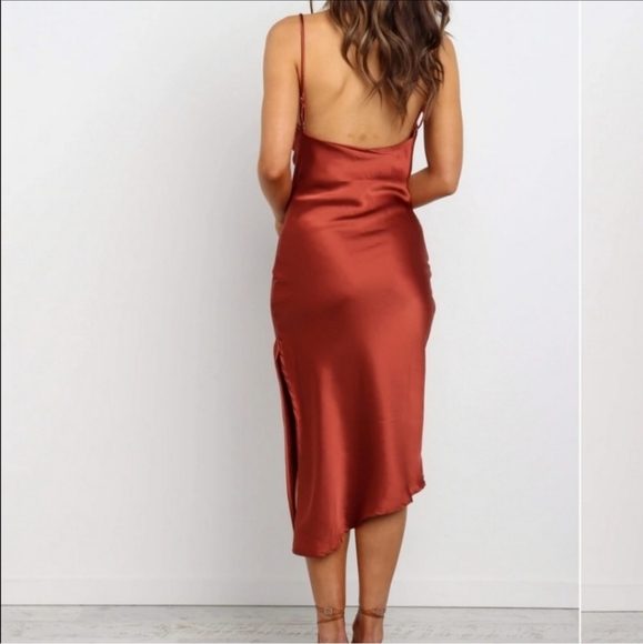 Petal & Pup Rust Cypress Draped Cowl Silky Satin Side Slit Midi Slip Dress Sz 4 - Picture 7 of 10